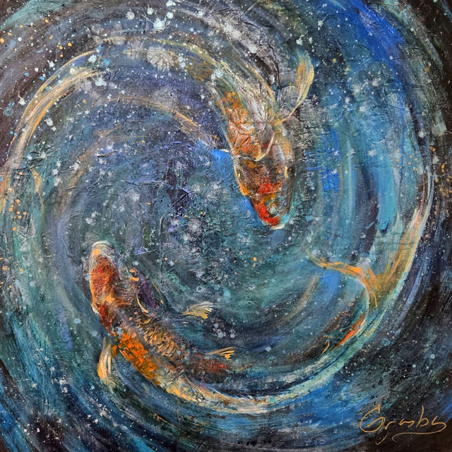 "Yin Yang Fish" | 30" x 30" | Original Acrylic Painting of Fish swirling by Teresa Grasby