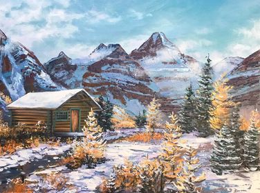 Cabin at Assiniboine original winter mountain painting by Teresa Grasby