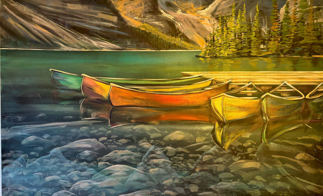 Canoe Reflections original Moraine Lake painting by Teresa Grasby