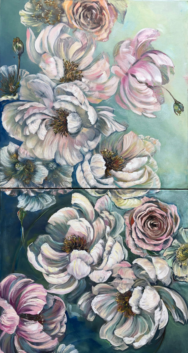 Floral Cascade original oil painting diptych by Teresa Grasby