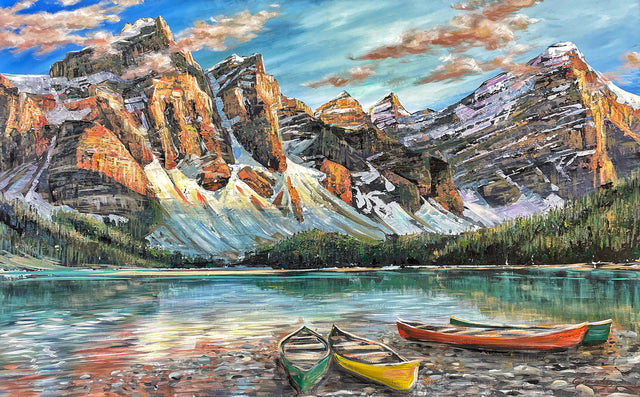 "Canoes at Moraine Lake II" | SOLD |  Original Mountain Lake Painting by Teresa Grasby | 30"x48"