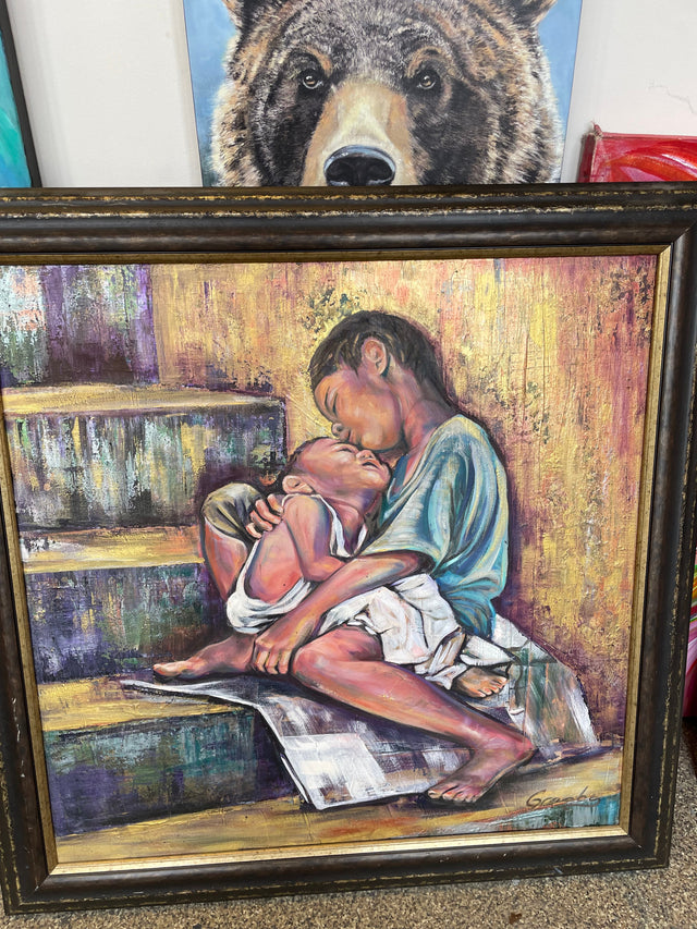 "All the Glitters" by Teresa Grasby, 30" x 30" mixed media painting in oil, acrylic and gold leaf of two children on a staircase