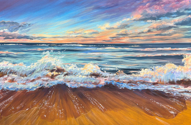 "Waves at Last Light" | 24" x 36" | Acrylic Painting on Canvas of the Sea at Sunset by Teresa Grasby