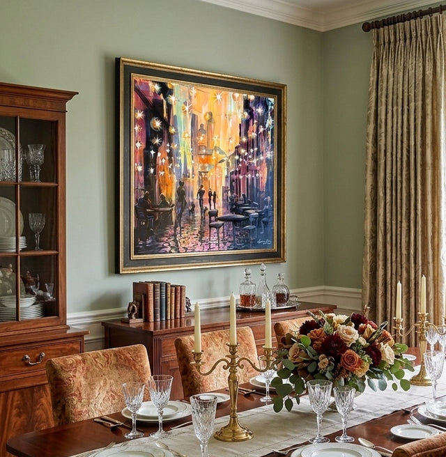 "Sparkle Time" - Original European Streetscape at Dusk by Teresa Grasby | 40"x40"