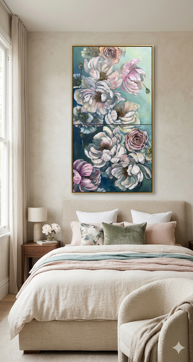Floral Cascade - Original Peony & Rose Oil Painting Diptych 24x48