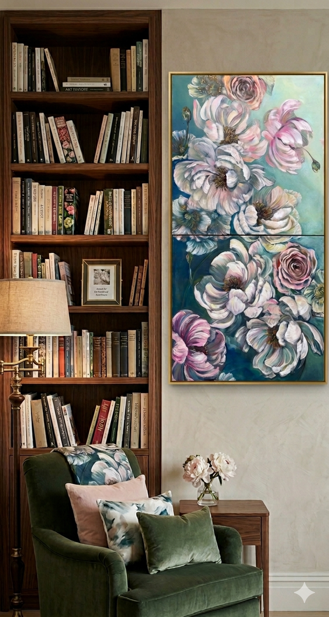 Floral Cascade - Original Peony & Rose Oil Painting Diptych 24x48