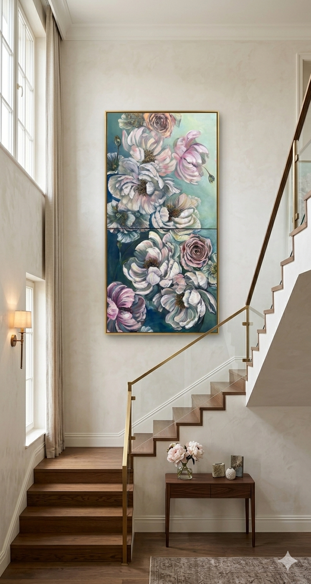 Floral Cascade - Original Peony & Rose Oil Painting Diptych 24x48