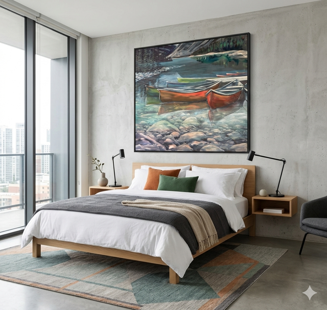 "Canoes on Glass" - Original Mount Edith Cavell Painting by Teresa Grasby | 36"x36"
