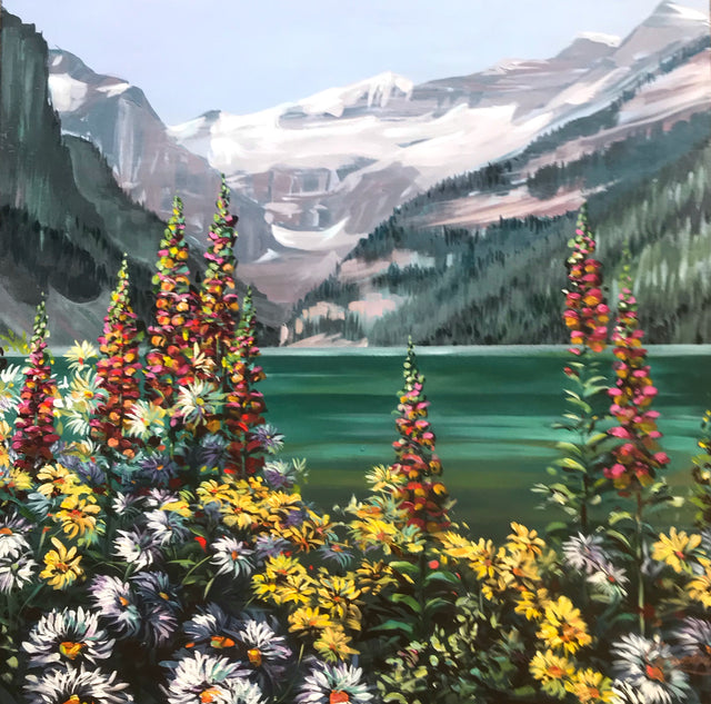 Flowers at Lake Louise - 36x36 Original Acrylic Painting by Teresa Grasby