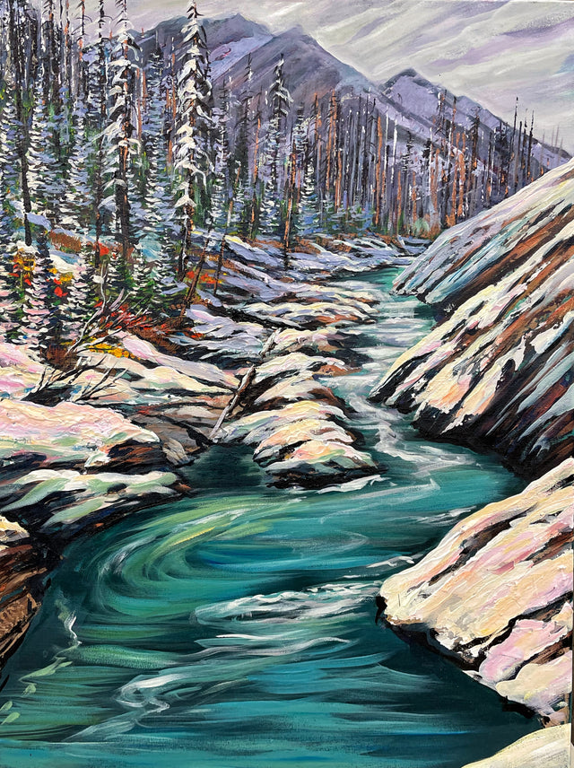 "Alpine Stream near Floe Lake" - Original Winter Mountain Painting by Teresa Grasby | 18"x24"