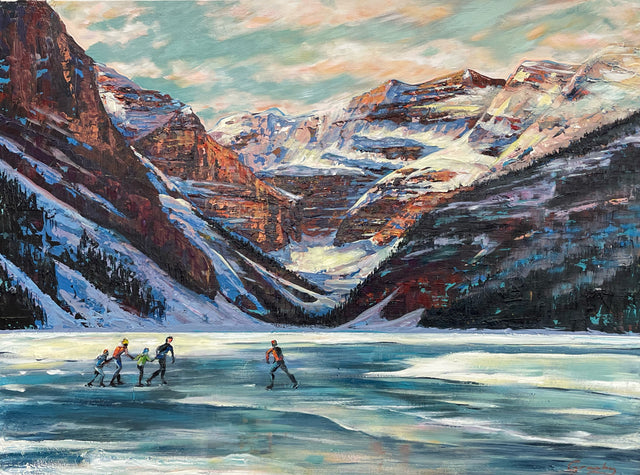"Skaters at Lake Louise" | SOLD | Original Winter Mountain Painting by Teresa Grasby | 24"x32"