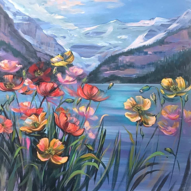 "Poppies at Lake Louise" by Teresa Grasby, 36" x 36"