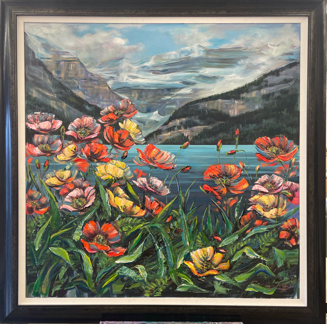 "Poppies at Lake Louise" - Original Floral Mountain Painting by Teresa Grasby | 36"x36"