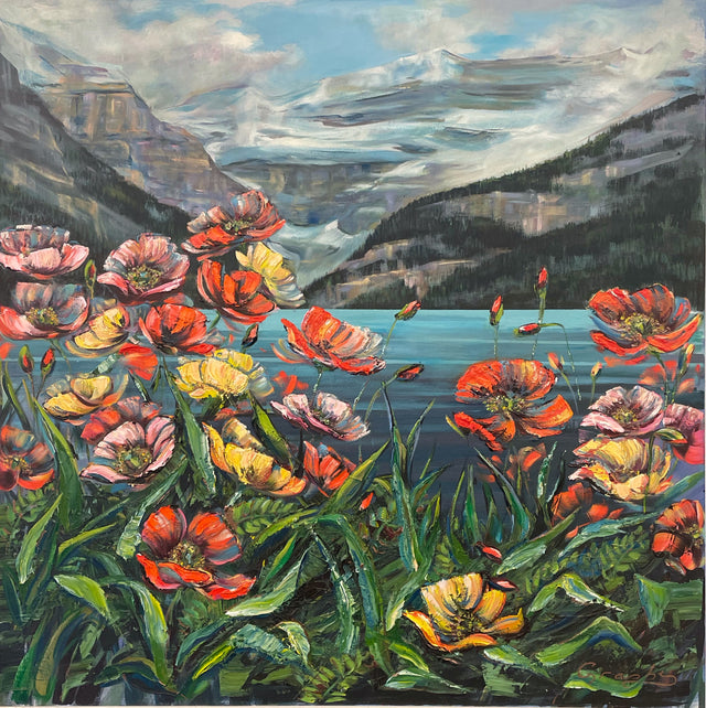 "Poppies at Lake Louise" - Original Floral Mountain Painting by Teresa Grasby | 36"x36"